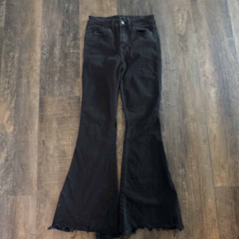 Flying Monkey Jeans Womens 25 Black Denim High Rise Flare Bell Stretch Boho Cute